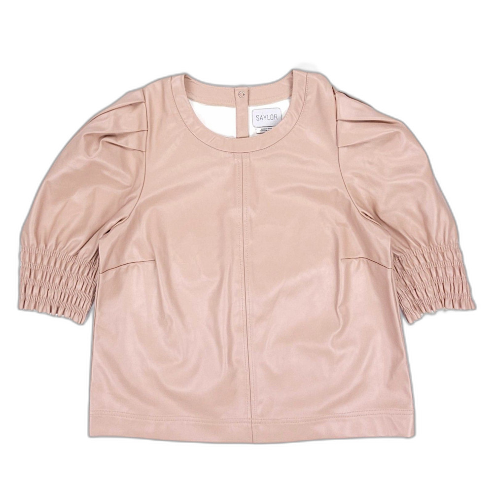NEW Saylor NYC Andie Vegan Leather Puff Sleeve Top Minimal Preppy Boho Feminine